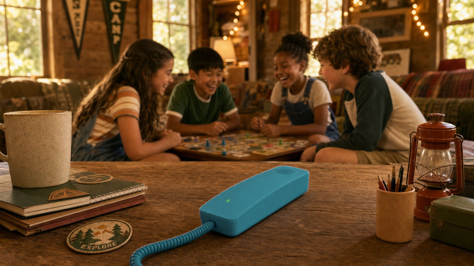 A Blueberry Homie home phone on a summer camp cabin table with kids playing a board game in the background