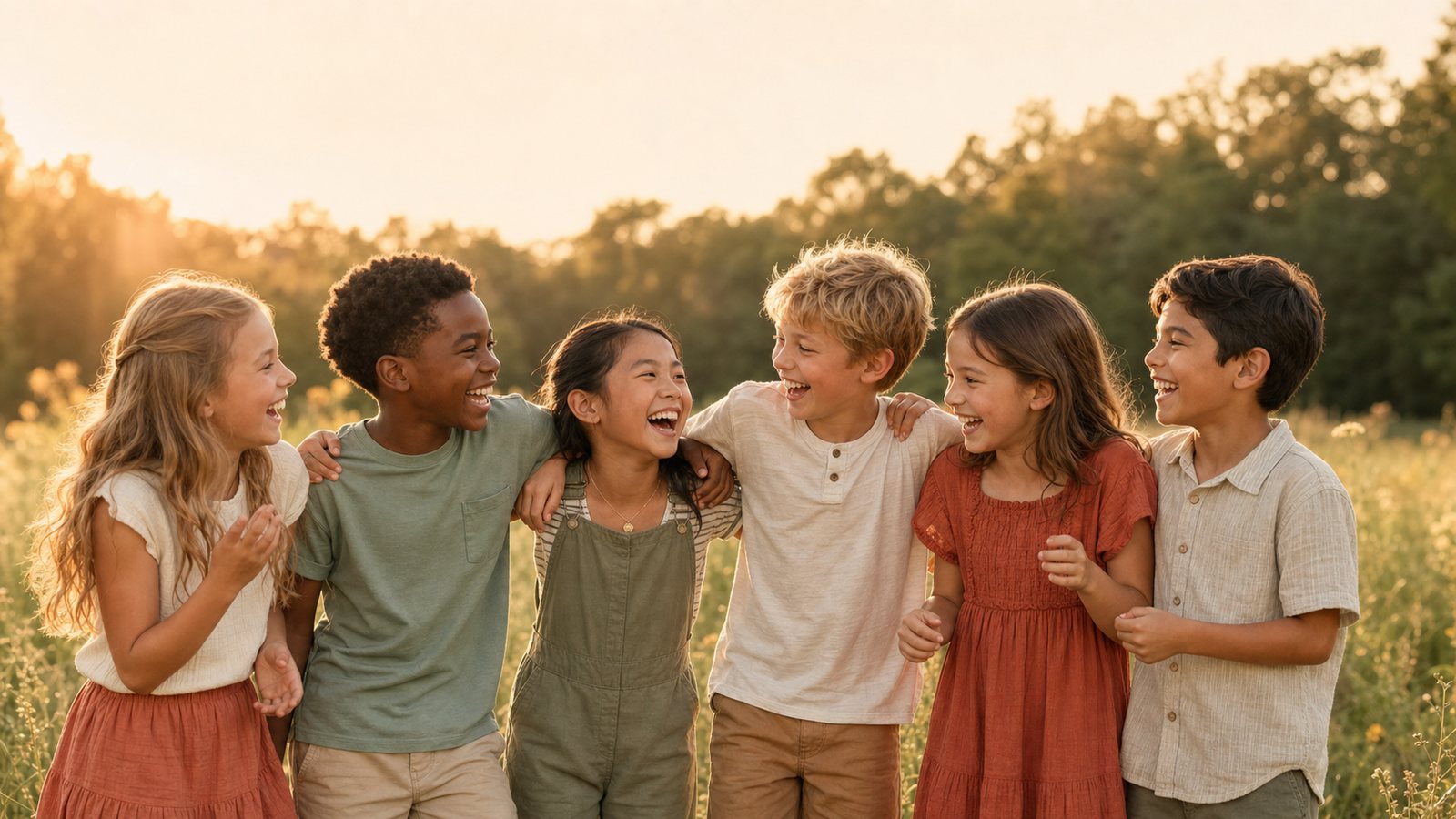 A group of diverse kids laughing together outdoors at golden hour
