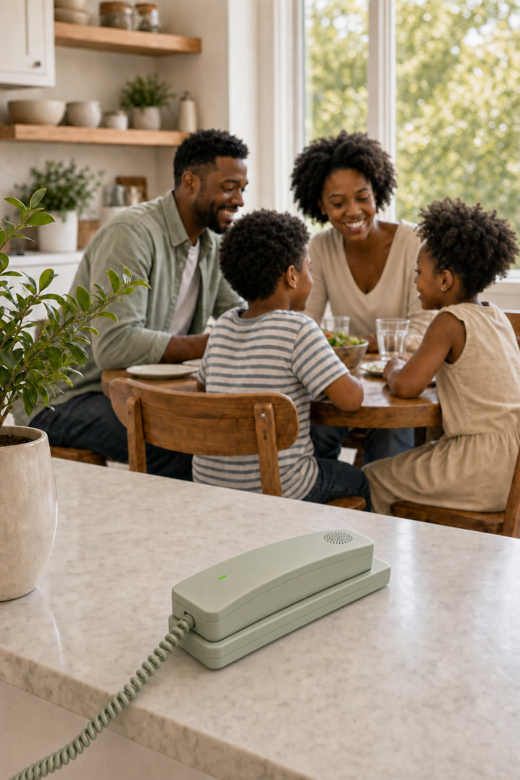 A Pistachio Homie home phone on a kitchen wall while a family talks and laughs together at dinner in the background