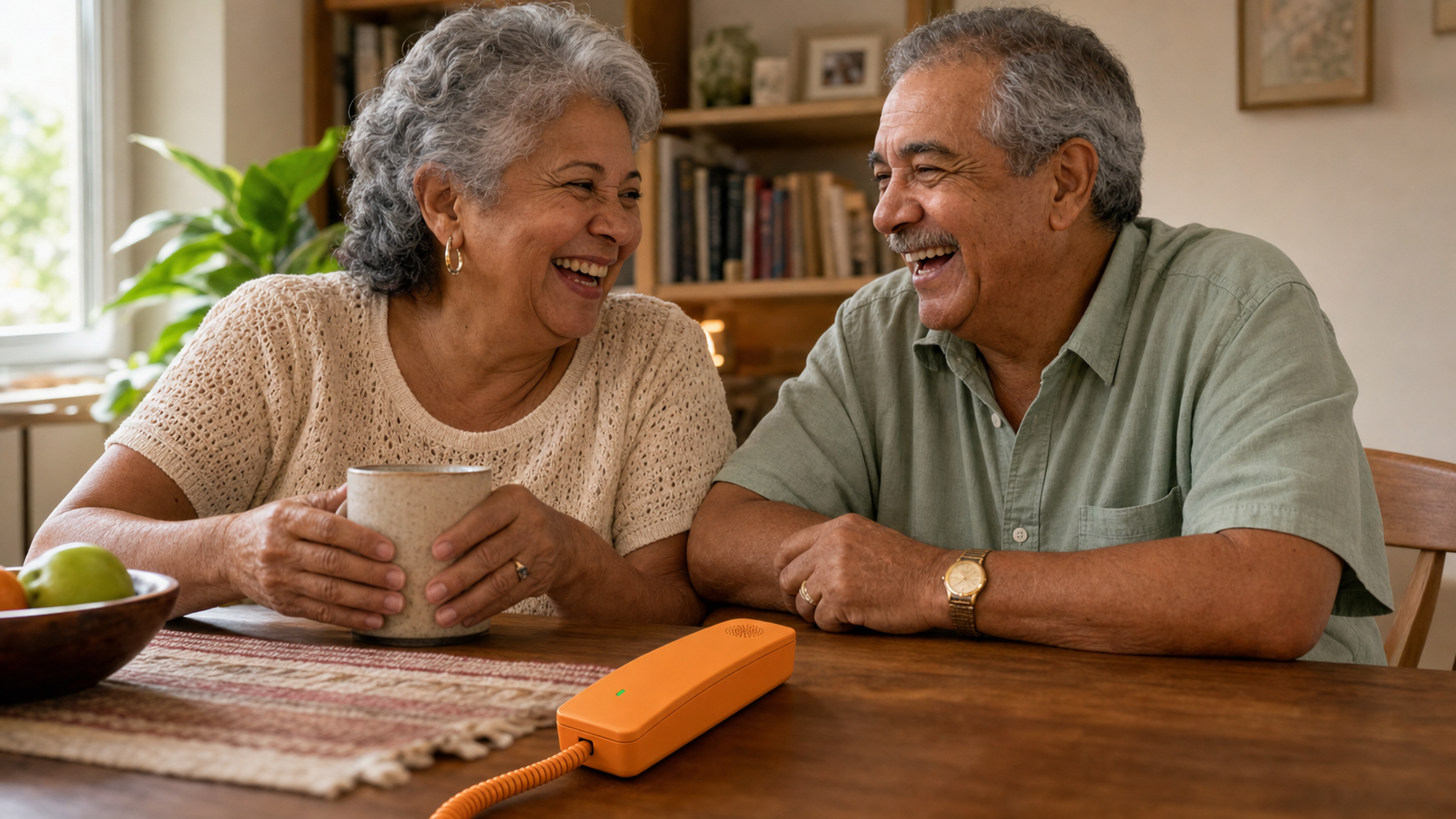 A smiling grandmother and grandfather together, the grandmother talking on a Pumpkin Homie home phone that sits on the side table, in a cozy living room with family photos