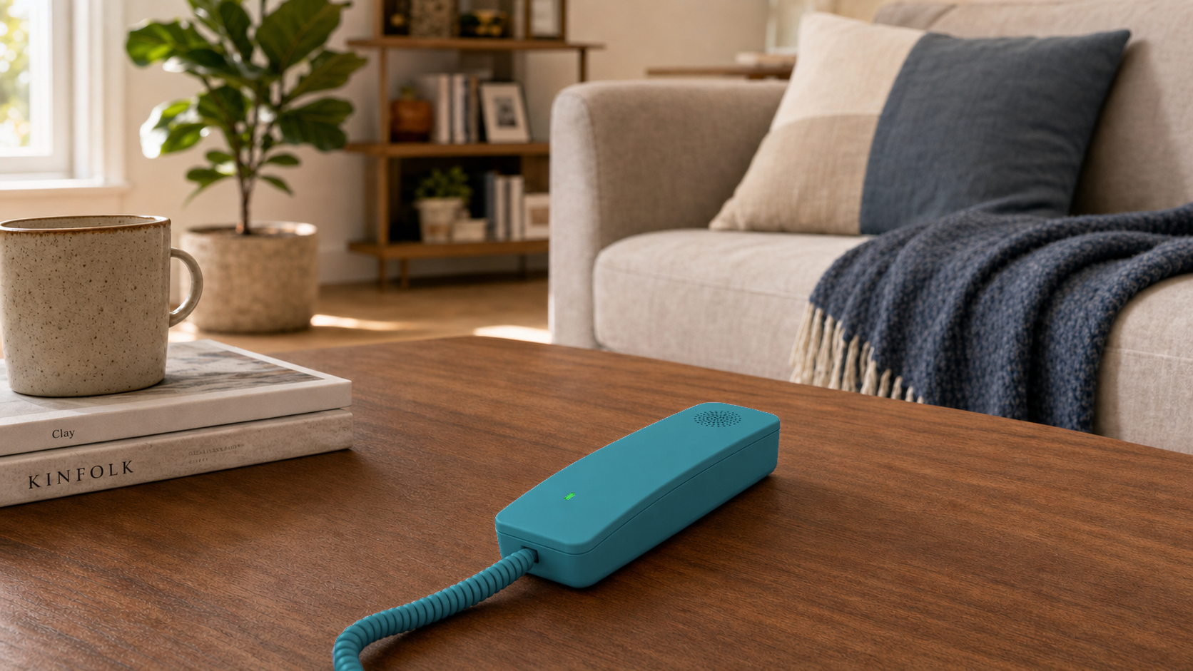 The Blueberry Homie home phone sitting on a walnut console table in a calm, sunlit modern living room